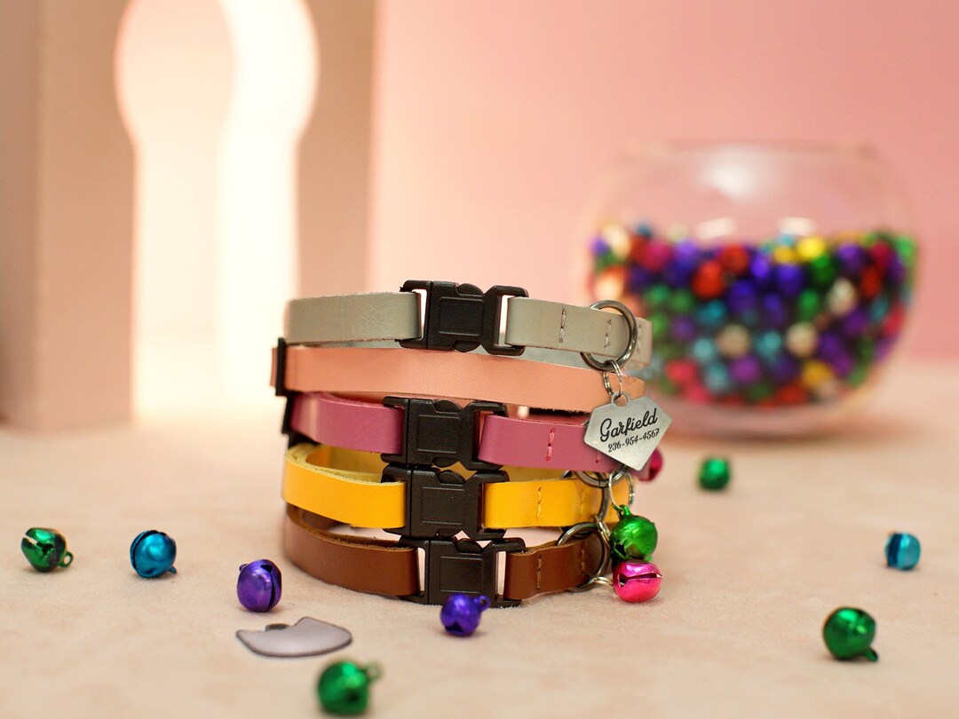 Leather Breakaway Cat Collar With ID Tag, Personalized Cat Collar With Bell, Custom Cat Collars