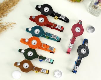 Airtag Katzenhalsband mit gravierter Schnalle, personalisiertes Leder Air Tag Haustierhalsband, Reflektierende Katzenhalsbänder mit Glocke, individuelles Katzenhalsband