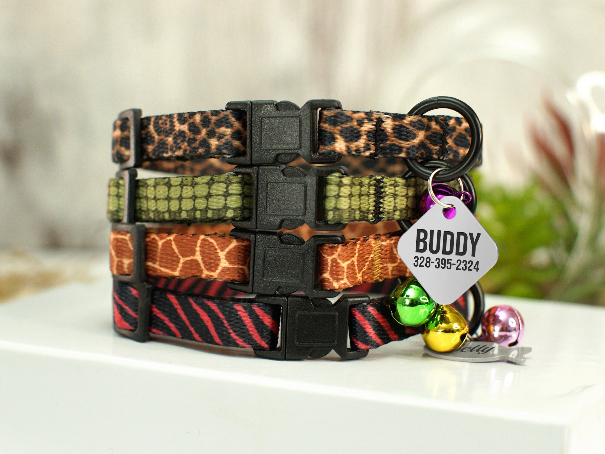 Animal Print Breakaway Cat Collar with Name ID Tag, Personalized Cat Collar - Leopard Zebra Crocodile Giraffe Pattern, Cat Collars with Bell