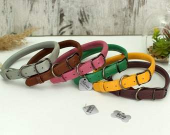 Collar de cuero enrollado para perro, collar personalizado con etiqueta de identificación, collar redondo grabado para mascotas, collar de cuerda para niña, collares para mascotas pequeños y grandes