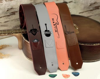 Personalized Leather Guitar Strap, Guitarist Gift, Engraved Guitar Strap for Acoustic Bass Electric Guitars, Guitar Lovers Gifts
