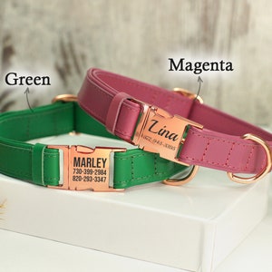 Puede incluir: Dos collares para perros, uno verde y otro magenta, con herrajes de oro rosa y etiquetas de nombre personalizadas. El collar verde tiene el nombre "MARLEY" y n&uacute;meros de tel&eacute;fono, mientras que el collar magenta tiene el nombre "Tina" y un n&uacute;mero de tel&eacute;fono.