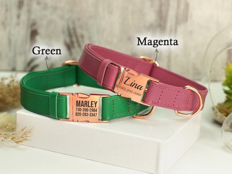 Puede incluir: Dos collares para perros, uno verde y otro magenta, con herrajes de oro rosa y etiquetas de nombre personalizadas. El collar verde tiene el nombre "MARLEY" y n&uacute;meros de tel&eacute;fono, mientras que el collar magenta tiene el nombre "Tina" y un n&uacute;mero de tel&eacute;fono.