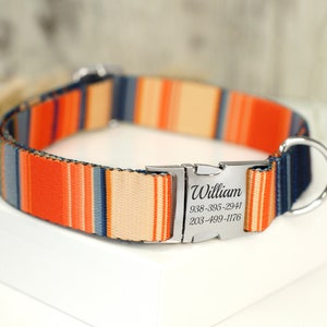 Striped Dog Collar with Engraved Metal Buckle, Custom Pet Collars for Small Medium Large Dogs Puppy, Personalized Dog Collar, Boy Dog Collar image 9