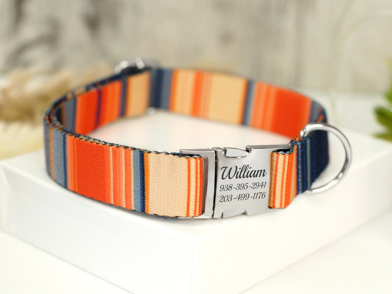 Striped Dog Collar with Engraved Metal Buckle, Custom Pet Collars for Small Medium Large Dogs Puppy, Personalized Dog Collar, Boy Dog Collar image 9