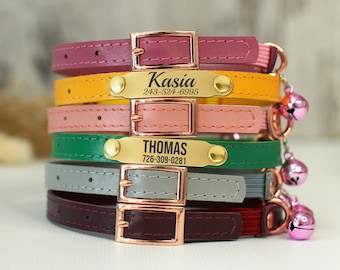 Engraved Cat Collar with Name & Phone Number, Leather Adjustable Kitten Collar, Stretching Collar for Boy Girl Cat, Personalized Cat Collars