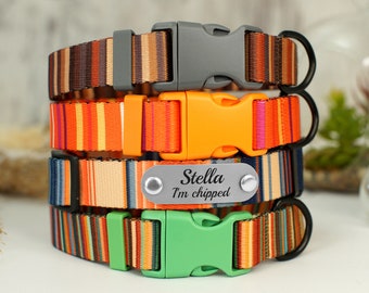 Striped Dog Collar with Name, Personalized Collars for Small Medium Large Dogs, Boy Dog Collar, Custom Girl Dog Collar, Colorful Pet Collar