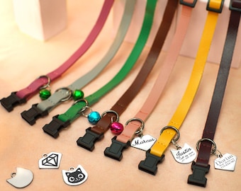Collar de gato de cuero con campana, collares de gato separables personalizados, collar de gato niño, collar de mascota personalizado para gatos gatito, collar de gato verde rosa