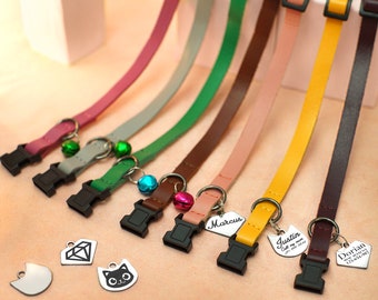 Collier de chat en cuir avec cloche, colliers de chat échappés personnalisés, collier de chat garçon, collier d’animal de compagnie personnalisé pour chaton chaton, collier de chat rose vert