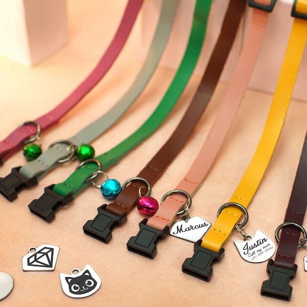 Leren kattenhalsband met bel, gepersonaliseerde afgescheiden kattenhalsbanden, jongenskathalsband, aangepaste huisdierhalsband voor kattenkitten, kattenhalsband roze groen