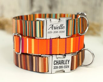 Gepersonaliseerde halsband met gestreept patroon, gegraveerde halsband voor kleine grote honden, jongenshalsband meisje, verstelbare halsband nylon