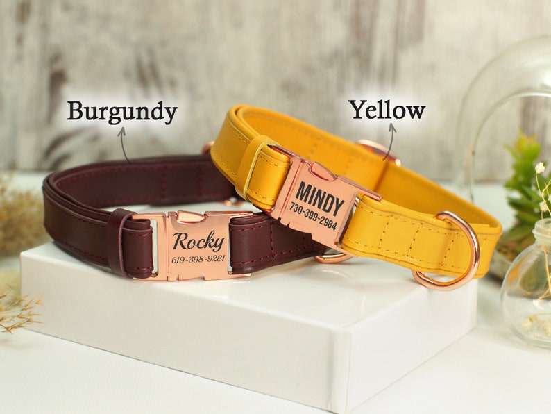 Collar de cuero personalizado para perros, collar personalizado para perros con hebilla de metal de oro rosa, collar para perros para niños y niñas, collar para perros grabado con nombre imagen 5