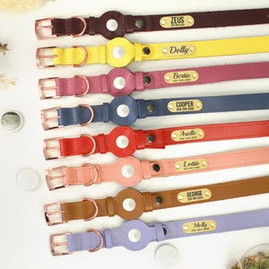 Personalized Leather Dog Collar with AirTag Holder, Apple Airtag Dog Collar with Name Tag, Custom Tracking Pet Collars for Small Large Dogs