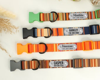 May include: Four colorful dog collars with silver name tags. The collars are striped in orange, brown, and blue. The name tags have the names Matilda, Barkley, Vanessa, and Casper with phone numbers.