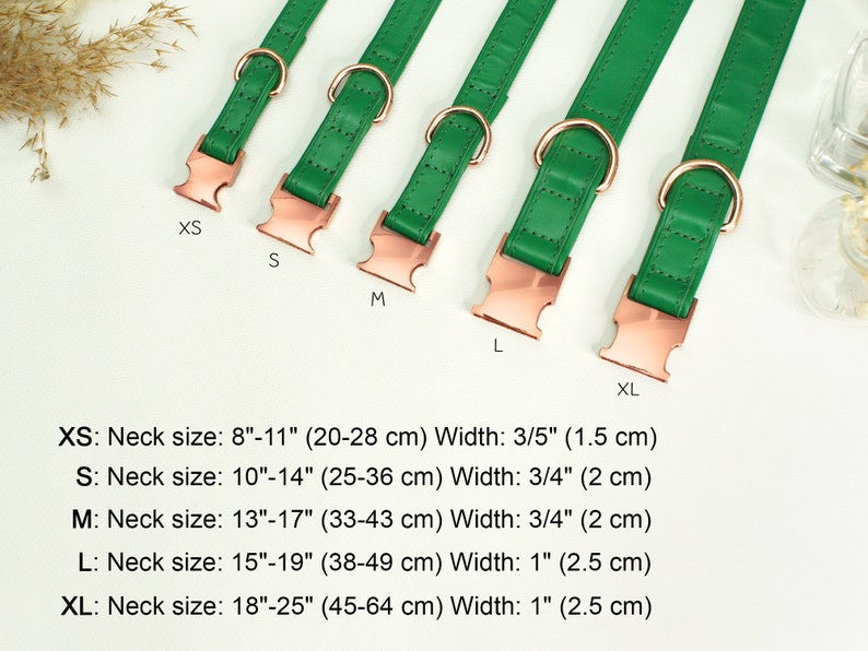 Puede incluir: Cinco collares de perro de cuero verde con herrajes de oro rosa en diferentes tama&ntilde;os: XS, S, M, L y XL. Los collares est&aacute;n dispuestos en orden de tama&ntilde;o, con el m&aacute;s peque&ntilde;o a la izquierda y el m&aacute;s grande a la derecha. El texto debajo de los collares enumera el tama&ntilde;o del cuello y el ancho de cada tama&ntilde;o en pulgadas y cent&iacute;metros.