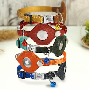 Custom Leather Cat Collars with AirTag Holder, Glow in Dark Cat Collar, Boy Dog Collar, Safety Kitten Collar, Leather Air Tag Puppy Collar