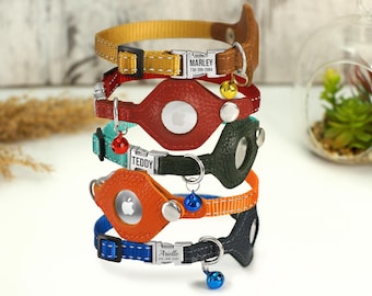 Collares de cuero personalizados para gatos con soporte AirTag, collares que brillan en la oscuridad, collares para perros pequeños, collares de seguridad para gatitos y collares de cuero AirTag para cachorros.