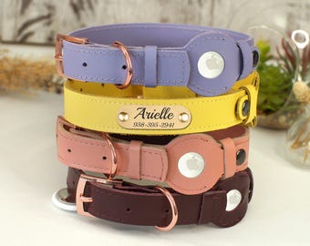Coleira Airtag personalizada para cães - 8 opções de cores vibrantes, coleira de couro para cães com suporte AirTag, coleiras de segurança gravadas para animais de estimação de pequeno e grande porte