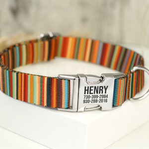 Striped Dog Collar with Engraved Metal Buckle, Custom Pet Collars for Small Medium Large Dogs Puppy, Personalized Dog Collar, Boy Dog Collar Green