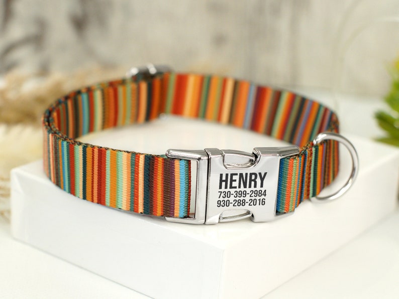 Striped Dog Collar with Engraved Metal Buckle, Custom Pet Collars for Small Medium Large Dogs Puppy, Personalized Dog Collar, Boy Dog Collar Green
