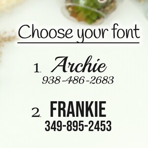 Puede incluir: Elige tu fuente para un dise&ntilde;o personalizado. Opci&oacute;n 1: Archie 938-486-2683. Opci&oacute;n 2: FRANKIE 349-895-2453.