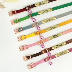 Personalized Cat Collar with Name ID Tag, Leather Cat Collar with Rose Gold Buckle, Custom Cat Collar with Bell, Kitten Collars
