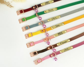 Personalized Cat Collar with Name ID Tag, Leather Cat Collar with Rose Gold Buckle, Custom Cat Collar with Bell, Kitten Collars