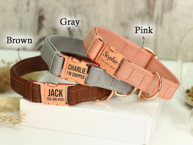 Puede incluir: Tres collares para perros en marr&oacute;n, gris y rosa con herrajes de oro rosa y etiquetas de nombre personalizadas. El collar marr&oacute;n tiene el nombre "JACK" y un n&uacute;mero de tel&eacute;fono. El collar gris tiene el nombre "CHARLIE" y el texto "I'M CHIPPED". El collar rosa tiene el nombre "Sophie" y un n&uacute;mero de tel&eacute;fono.