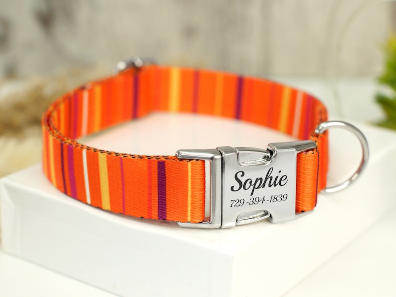 Striped Dog Collar with Engraved Metal Buckle, Custom Pet Collars for Small Medium Large Dogs Puppy, Personalized Dog Collar, Boy Dog Collar Orange