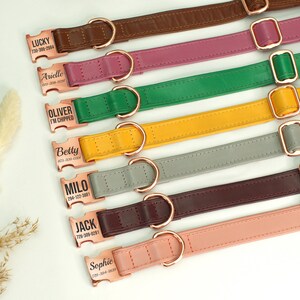 Puede incluir: Siete collares de perro de cuero de colores con etiquetas de metal personalizadas. Cada etiqueta tiene un nombre y un n&uacute;mero de tel&eacute;fono. Los collares est&aacute;n dispuestos en una fila de arriba a abajo, con el collar marr&oacute;n en la parte superior y el collar rosa en la parte inferior.