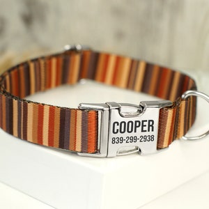 Striped Dog Collar with Engraved Metal Buckle, Custom Pet Collars for Small Medium Large Dogs Puppy, Personalized Dog Collar, Boy Dog Collar Gray