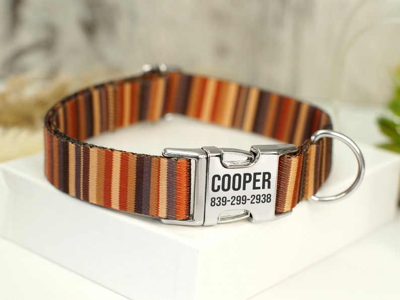 Striped Dog Collar with Engraved Metal Buckle, Custom Pet Collars for Small Medium Large Dogs Puppy, Personalized Dog Collar, Boy Dog Collar Gray