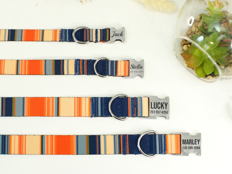 Striped Dog Collar with Engraved Metal Buckle, Custom Pet Collars for Small Medium Large Dogs Puppy, Personalized Dog Collar, Boy Dog Collar Black