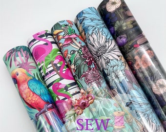 Printed Vinyl, For Sewing, For Bagmaking, Vinyl Fabric, Roll of Vinyl,  Sew Majestic, Flamingo, Frogs, Sunflower, Floral, Parrots