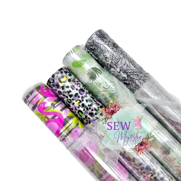 Clear TPU Vinyl, For Sewing, For Bagmaking, Vinyl Fabric, 18" Roll of Vinyl, Vinyl Fabric, Sew Majestic, Flamingo, Leopard Print, Leaves