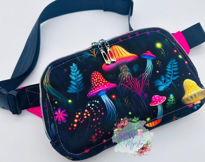 Mushroom Print Fanny Pack, Waist Bag,  Gift for Nature Lovers, Sling Bag or Bum Bag, colorful print, by Sew Majestic, Cottage Core