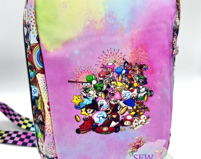 Video Game Sling Bag, Custom Fabric Backpack, Gift for Girls, Girl Gamer Bag,by Sew Majestic, Pink Purse, Comic Con Sling Bag, Rainbow purse