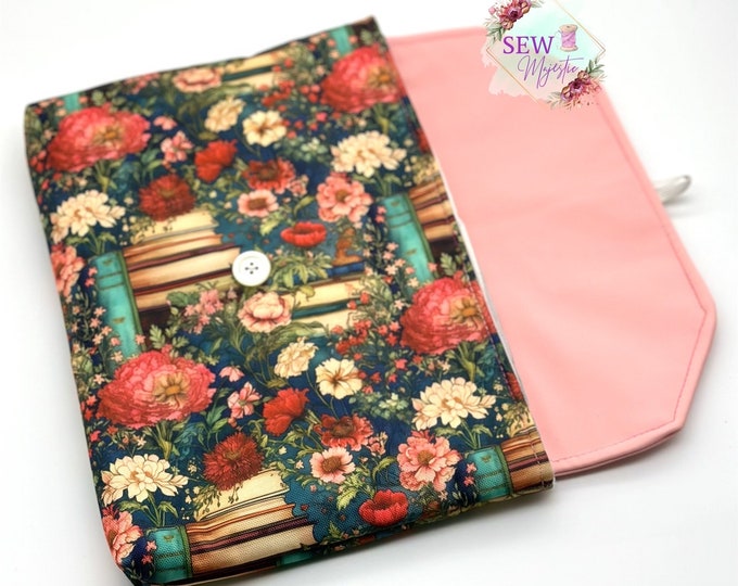 Floral Book Sleeve, Floral Books Tablet Case, E-Reader compatible, by Sew Majestic, Handmade Book Cover, with button enclosure, Book Bestie