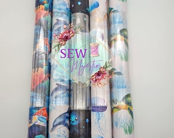 Ocean Themed 18" inch Vinyl Rolls, Turtle Print, Dolphin Fabric, Jelly Fish, Deep Sea, Beach Prints, by Sew Majestic, for Bagmaking,