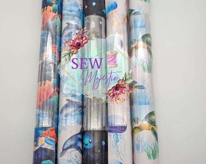 Ocean Themed 18" inch Vinyl Rolls, Turtle Print, Dolphin Fabric, Jelly Fish, Deep Sea, Beach Prints, by Sew Majestic, for Bagmaking,