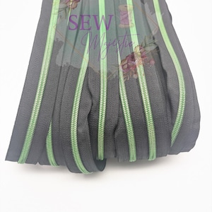 Black Nylon with Green Teeth Size #5 Zipper Tape, Green Zipper Tape, Black Zipper Tape, Green Teeth, Nylon Zipper, Size 5 Zipper