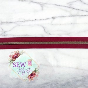 Red and Antique Bronze Zipper Tape, Size #5, Nylon Zipper tape, For Bagmaking, Sew Majestic, Dark Red Zipper Tape, Burgandy Zipper Tape