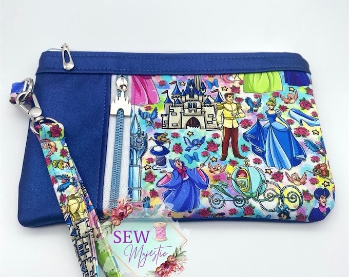 Glass Slipper Princess Wristlet, Zippy Clutch, Blue Purse, Gift for Girl, Fandom Gift, Sew Majestic, Comic Con, Fairy Tale, Fairy Godmother