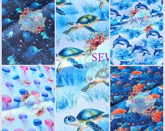 Sea Life Water Resistant Canvas, Turtle Waterproof Fabric, Dolphin Print, Jellyfish Polyester, Deep Sea, Ocean Life, Sewing, Sew Majestic