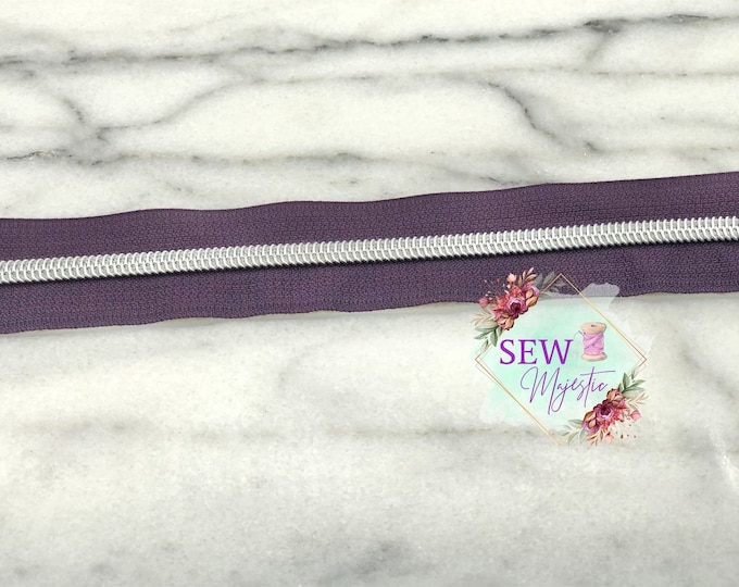 Plum and Silver Zipper Tape, Size #5, Nylon Zipper tape, For Bagmaking, Sew Majestic, Purple Zipper Tape, Nickel Zipper Tape