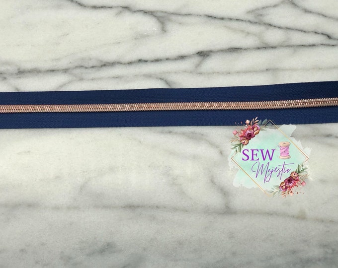 Navy Blue and Rose Gold Zipper Tape, Size #5, Nylon Zipper tape, For Bagmaking, Sew Majestic