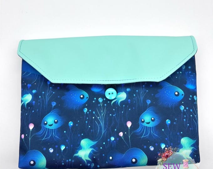 Large Book Sleeve, Ocean Themed Tablet Case, E-Reader compatible, by Sew Majestic, Handmade Book Cover, with button enclosure, Book Bestie
