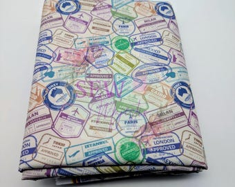 Travel Themed Water Resistant Canvas, By the Yard,  Travel Print, for Bagmaking, Sewing Notion, Canvas Fabric, Passport Stamps, Sew Majestic