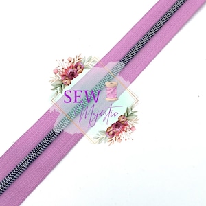 LiLac Gunmetal Zipper Tape, Size #5, Nylon Zipper tape, For Bagmaking, Sew Majestic, Purple Zipper Tape, Gunmetal Zipper Tape, Sewing Notion