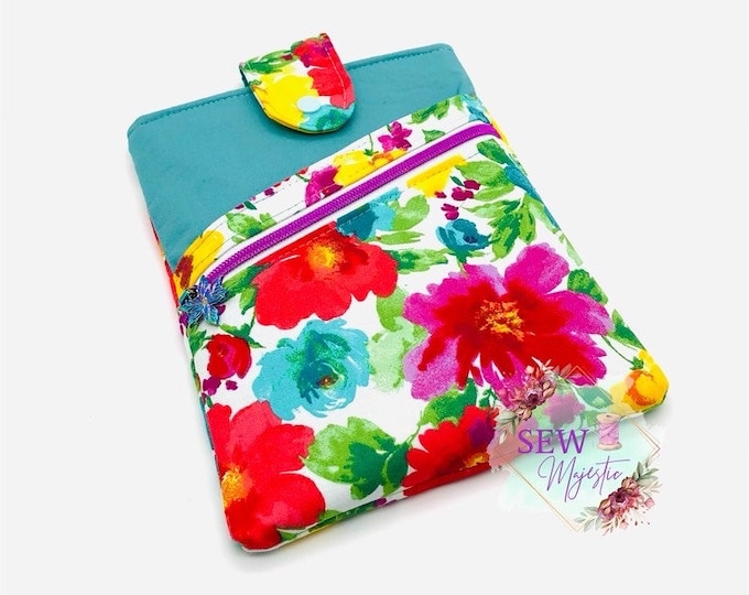 Floral Book Sleeve, tablet case with pocket, Book sleeve with zipper, Flower Gift, Gift for Teacher, Gift for Reader,  Book Cover